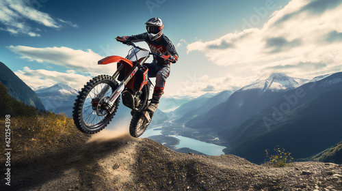 Bikerider jumps with motorcycle, spectacle, outdoors, mountains, sky © PHdJ