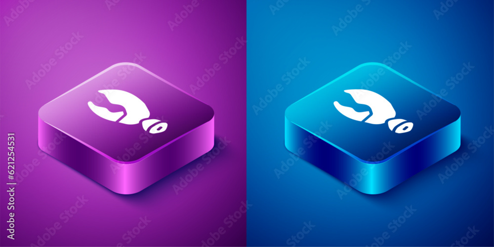 Isometric Lobster or crab claw icon isolated on blue and purple background. Square button. Vector Isometric Lobster or crab claw icon isolated on blue and purple background. Square button. Vector