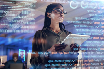 Software, coding hologram and woman on tablet thinking of data analytics, digital technology and night overlay. Programmer or IT person in glasses on 3d screen, programming and cybersecurity research