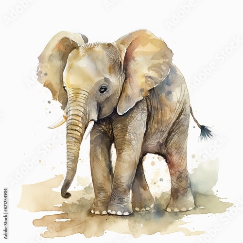 A watercolor painting of an elephant on a white background created with Generative AI technology