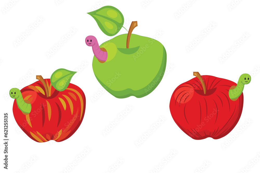 Set of red and green apples with smiling worms. Vector illustration in cartoon style isolated on a white background. Set of red and green apples with smiling worms. Vector illustration in cartoon style isolated on a white background.