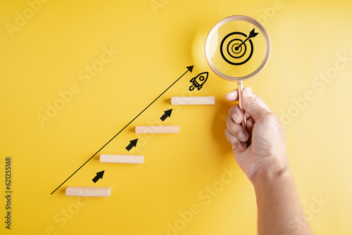фотографія Shortcut to goal success business growth or compound interest with rocket launch icon, investment fast track into staircase, wealth or earning rising up graph increasing profit financial concept