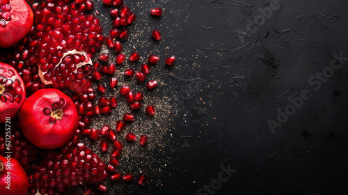 A composition of pomegranate seeds scattered on a textured surface, creating a visually captivating pattern Generative AI