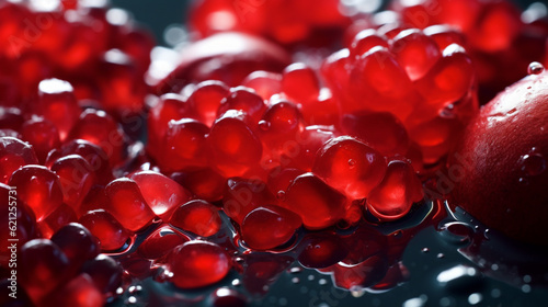 A macro shot of pomegranate seeds submerged in water, capturing their intriguing translucency and depth Generative AI