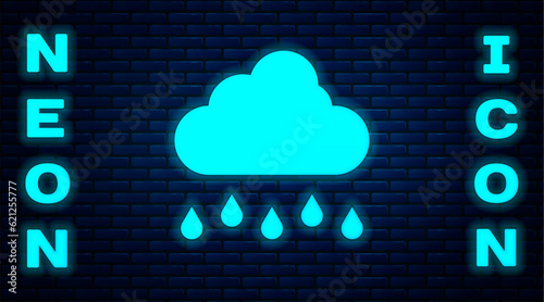 Glowing neon Cloud with rain icon isolated on brick wall background. Rain cloud precipitation with rain drops. Vector