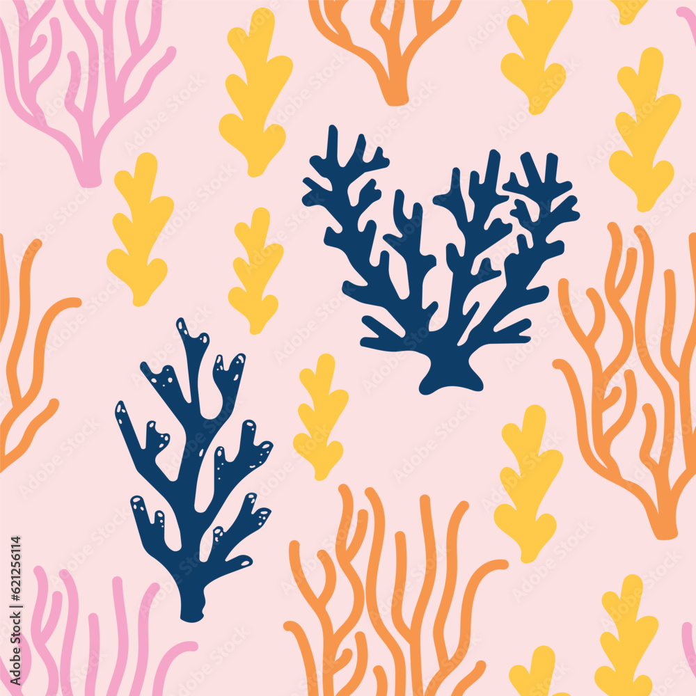Coral sea seamless pattern. Colorful corals on pink background.