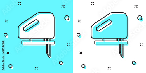 Black line Electric jigsaw with steel sharp blade icon isolated on green and white background. Power tool for woodwork. Random dynamic shapes. Vector