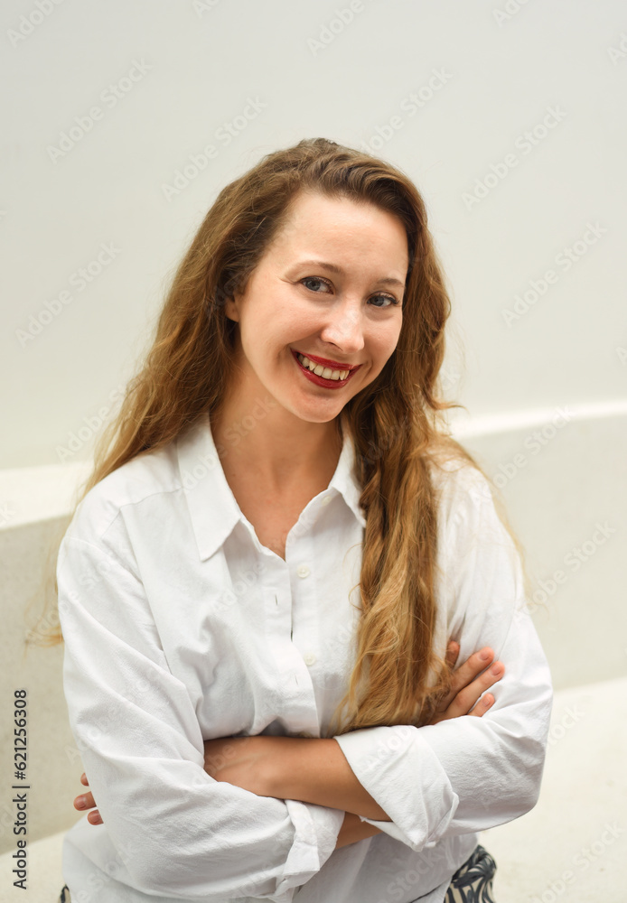 Portrait 33 year old russian blonde woman smiling close up Portrait 33 year old russian blonde woman smiling close up