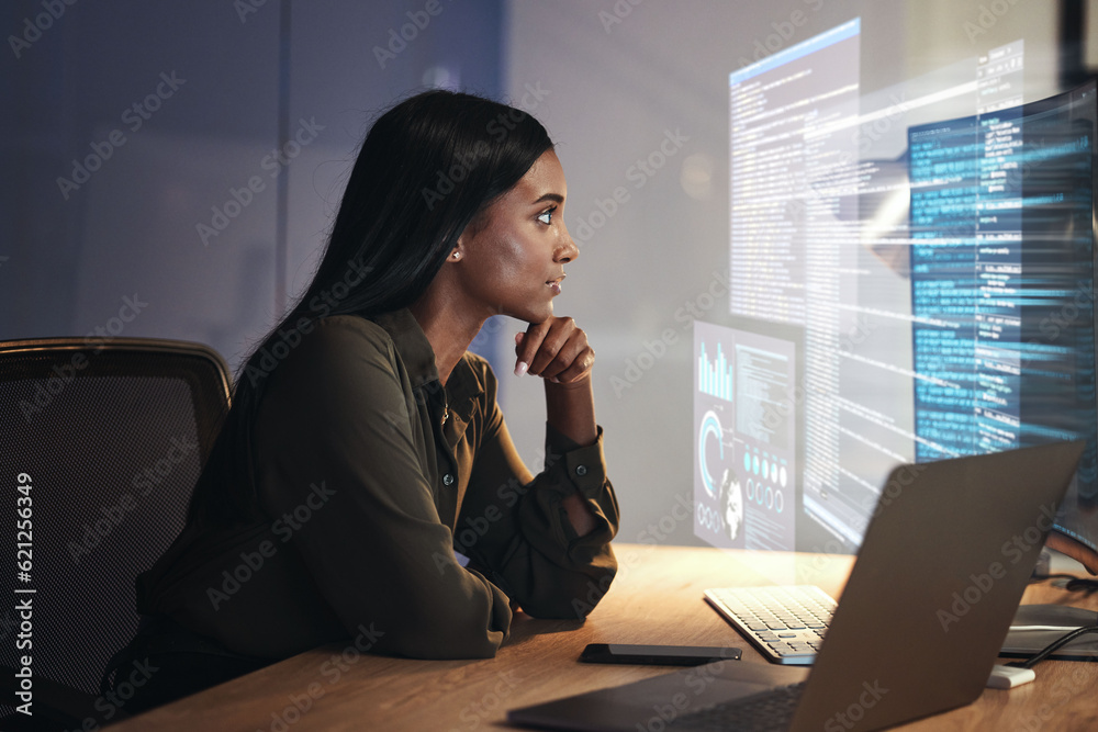 Programmer, code and woman with focus, hologram and digital software with cyber security, futuristic and online reading. Female person, programming or employee with data analysis, research and laptop Programmer, code and woman with focus, hologram and digital software with cyber security, futuristic and online reading. Female person, programming or employee with data analysis, research and laptop