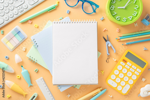 Dive into new academic year with this captivating image. Top view of school supplies, open diary, calculator and more on pastel orange background, leaving space for your custom text or advertisement