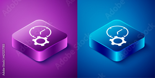 Isometric Time management icon isolated on blue and purple background. Clock and gear sign. Productivity symbol. Square button. Vector