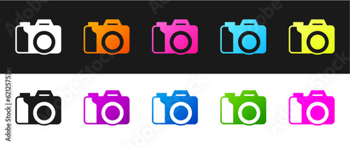 Set Photo camera icon isolated on black and white background. Foto camera. Digital photography. Vector