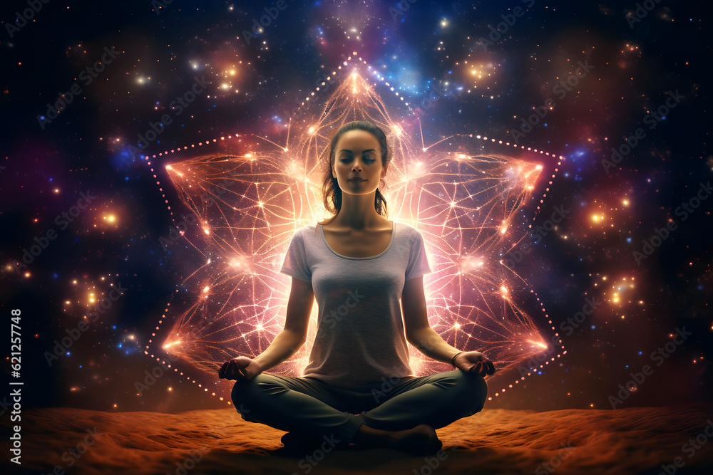 Woman sitting in yoga lotus pose on the background of the starry sky. Equilibrium Woman sitting in yoga lotus pose on the background of the starry sky. Equilibrium