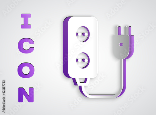 Paper cut Electric extension cord icon isolated on grey background. Power plug socket. Paper art style. Vector