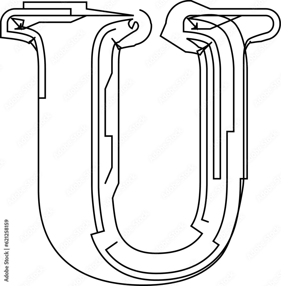 Architectural project font, technical draw style alphabet. Geometrical typography. Wireframe letter U