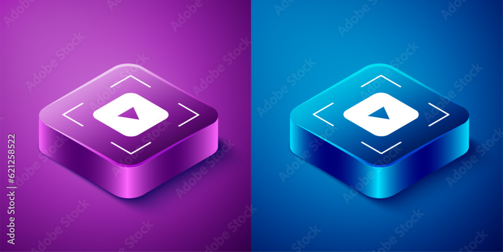 Isometric Camera focus frame line icon isolated on blue and purple background. Square button. Vector Isometric Camera focus frame line icon isolated on blue and purple background. Square button. Vector