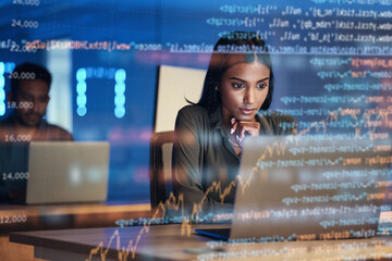 Laptop, code hologram and woman thinking of data analytics, information technology or software overlay at night. Computer and IT people solution with algorithm, statistics and cybersecurity research