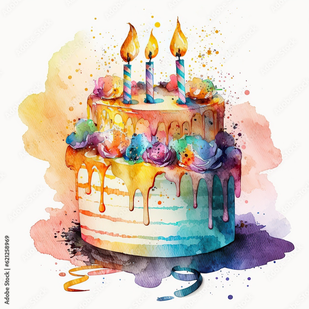 A watercolor painting of a birthday cake with candles created with ...