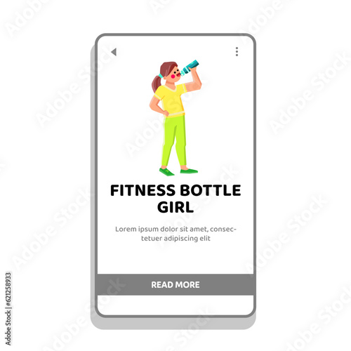 water fitness bottle kid girl vector. drink sport, healthy happy, fit thirsty water fitness bottle kid girl web flat cartoon illustration