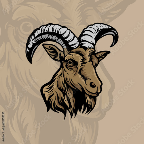 Colorful angry horned goat head in vintage style isolated vector illustration