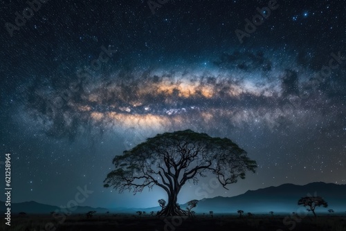 majestic tree standing against a milky sky. Generative AI