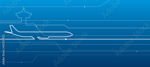 Avia transport. Airplane outline illustration for your project. White lines image on blue background. Vector design art