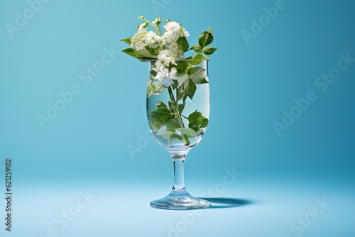 transparent glass of fresh cocktail on blue background photo