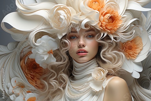 Glamour portrait of a beautiful model with flowers and blonde hair