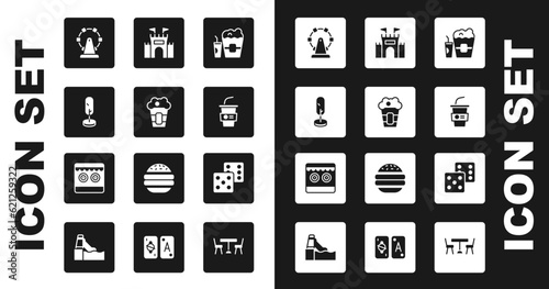 Set Popcorn in box and glass, Tree, Ferris wheel, Paper with water, Castle, Game dice and Shooting gallery icon. Vector