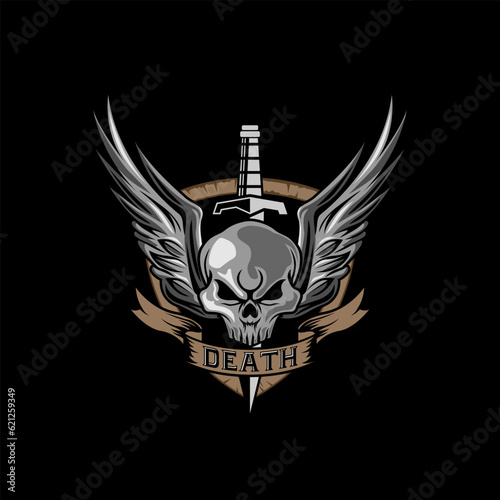 Angry Military Skull Wings and Shield vintage design template for labels, emblems, badges or other.