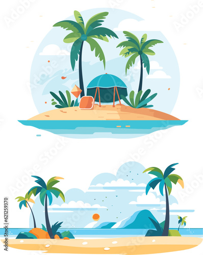 Beach with palm tree illustration, vacations mood, nature vector art