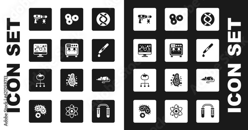 Set DNA symbol, Biosafety box, Genetic engineering modification, Transfer liquid gun, Pipette, Cell division, Experimental mouse and Genetically modified food icon. Vector