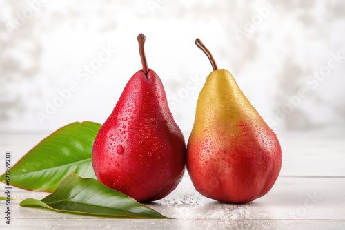 Ripe red pear fruits with green leaves and water droplets isolated on white background (ai generated)