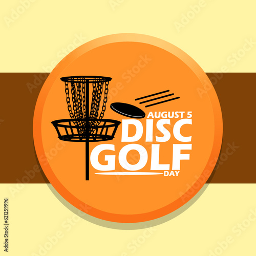 Disc Golf sport game icon with bold text on disc golf on light yellow background to commemorate National Disc Golf Day on August 5