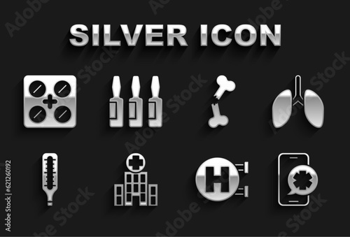 Set Medical hospital building, Lungs, Emergency phone call, Hospital signboard, thermometer, Human broken bone, Pills blister pack and vial, ampoule icon. Vector