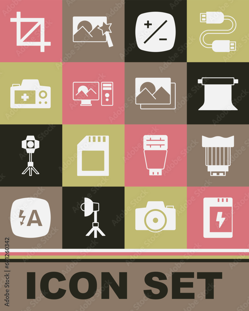 Set Battery for camera, Camera photo lens, Empty studio, Exposure compensation, Photo retouching, Picture crop and frame icon. Vector