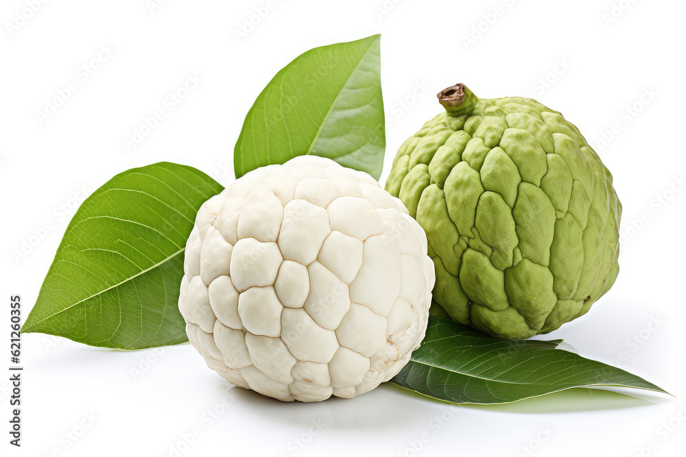 Fototapeta premium Sugar apple or custard apple, two whole ripe exotic tropical fruits with green leaves isolated on white background, healthy food, diet and vegetarian nutrition (ai generated)