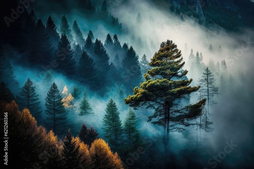 solitary pine tree surrounded by mist in a dense forest. Generative AI
