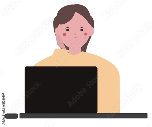 パソコン作業で困る女性。悩む。パソコンのトラブル。ベクターイラスト © うみの丘デザイン