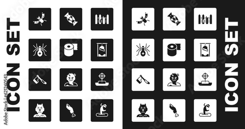 Set Garden fence wooden, Toilet paper roll, Spider, Flying bat, Guillotine, Candy, Tombstone with cross and Wooden axe icon. Vector