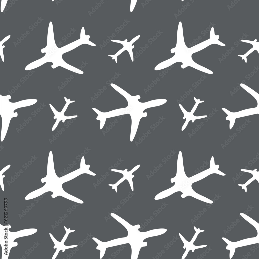 Plane seamless pattern. White airplanes repeat on grey background. Vector illustration.