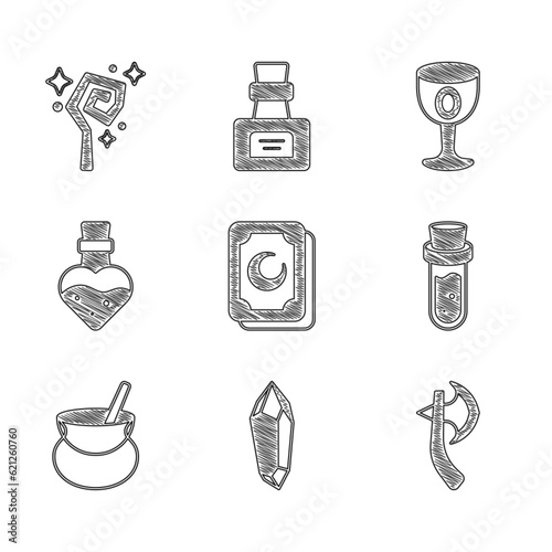 Set Tarot cards, Magic stone, Wooden axe, Bottle with potion, Witch cauldron, Medieval goblet and staff icon. Vector