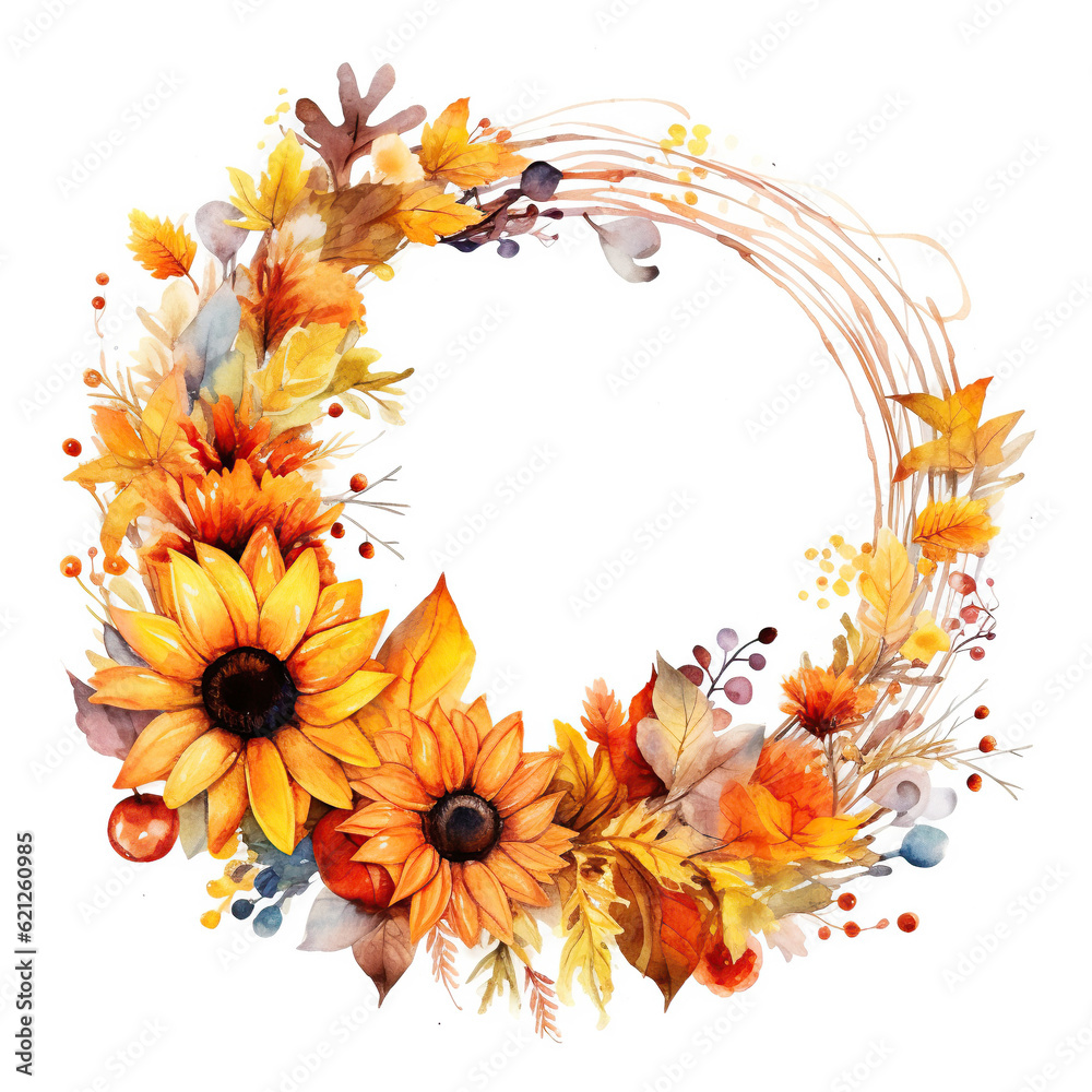 wreath of autumn leaves watercolor illustration on a white background wreath of autumn leaves watercolor illustration on a white background