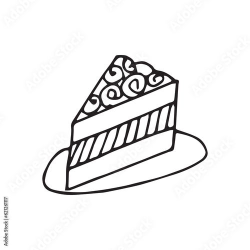 cake. sweets. a party. holiday. Birthday. fun. joy. happiness. gifts. balloons. decoration. surprise. goodies. bakery products. candles on the cake. EPS 10. on a white background. black color. doodle.