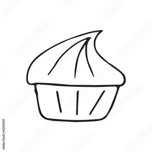 cake. sweets. a party. holiday. Birthday. fun. joy. happiness. gifts. balloons. decoration. surprise. goodies. bakery products. candles on the cake. EPS 10. on a white background. black color. doodle.