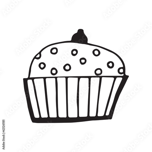 cake. sweets. a party. holiday. Birthday. fun. joy. happiness. gifts. balloons. decoration. surprise. goodies. bakery products. candles on the cake. EPS 10. on a white background. black color. doodle.