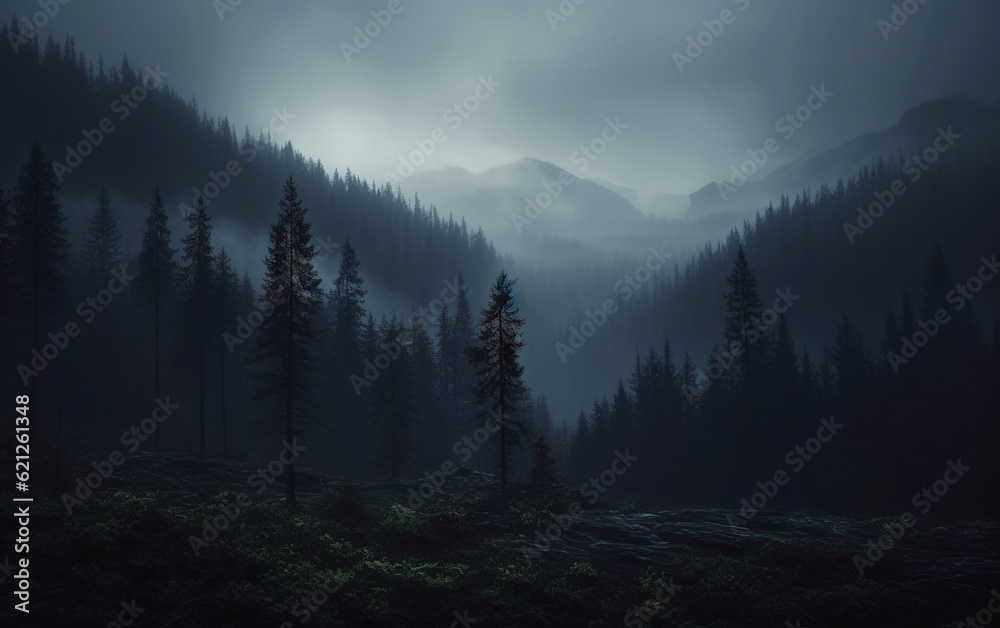 Misty landscape with dark forest in hipster vintage retro style. Generative AI.