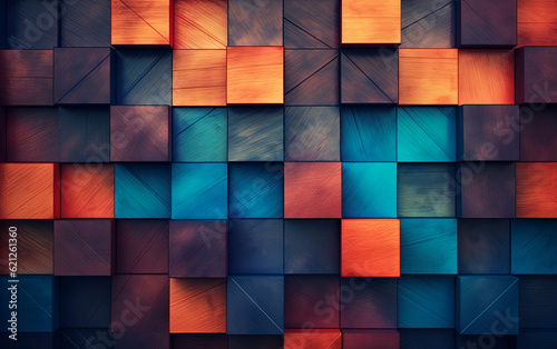 Wood wall aged art of colorful blocks. Wood texture for backdrop. Colorful wallpaper. Generative AI.