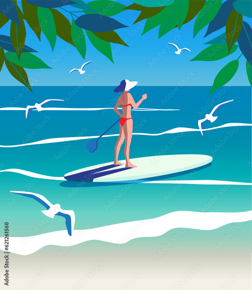A young lady standing on a sup board in the sea flat vector illustration