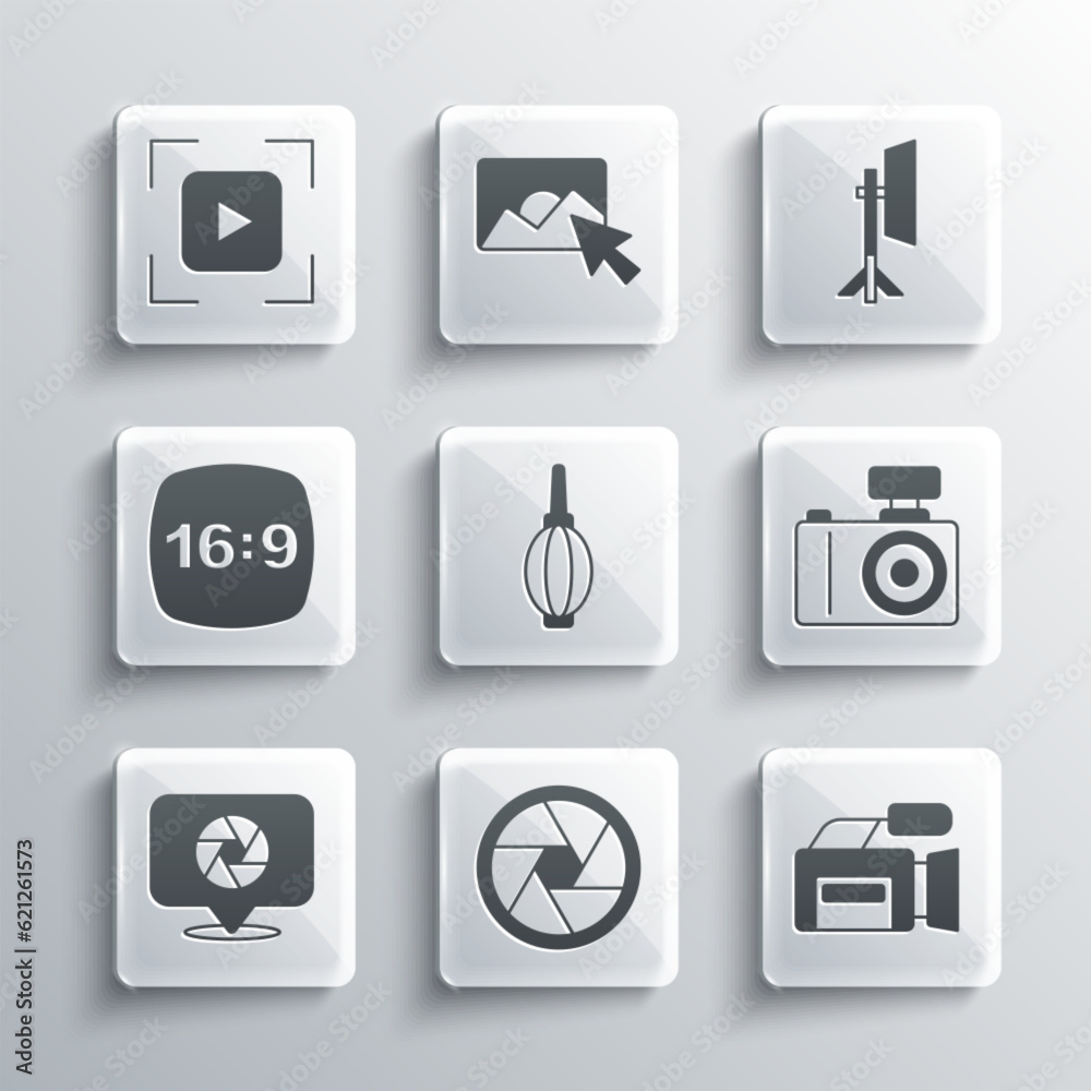 Set Camera shutter, Cinema camera, Photo, Dust blower, frame 16, focus line and Studio light bulb softbox icon. Vector Set Camera shutter, Cinema camera, Photo, Dust blower, frame 16, focus line and Studio light bulb softbox icon. Vector